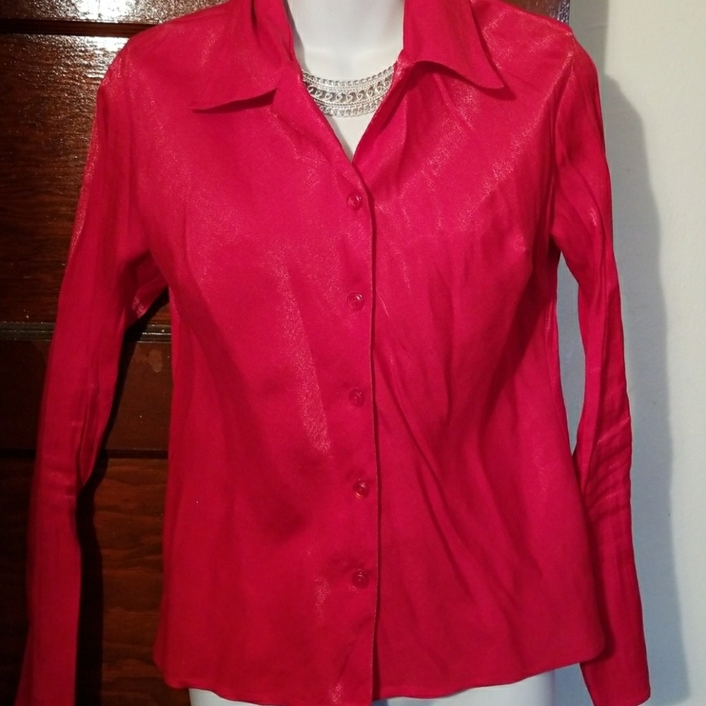 Red button up Rayon silk blouse